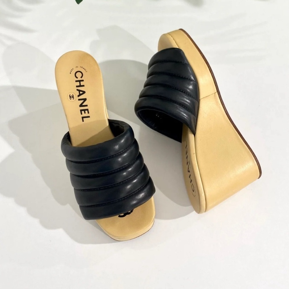 Authentic Chanel Black Leather Women's Wedge Sandals - Picture 2 of 8